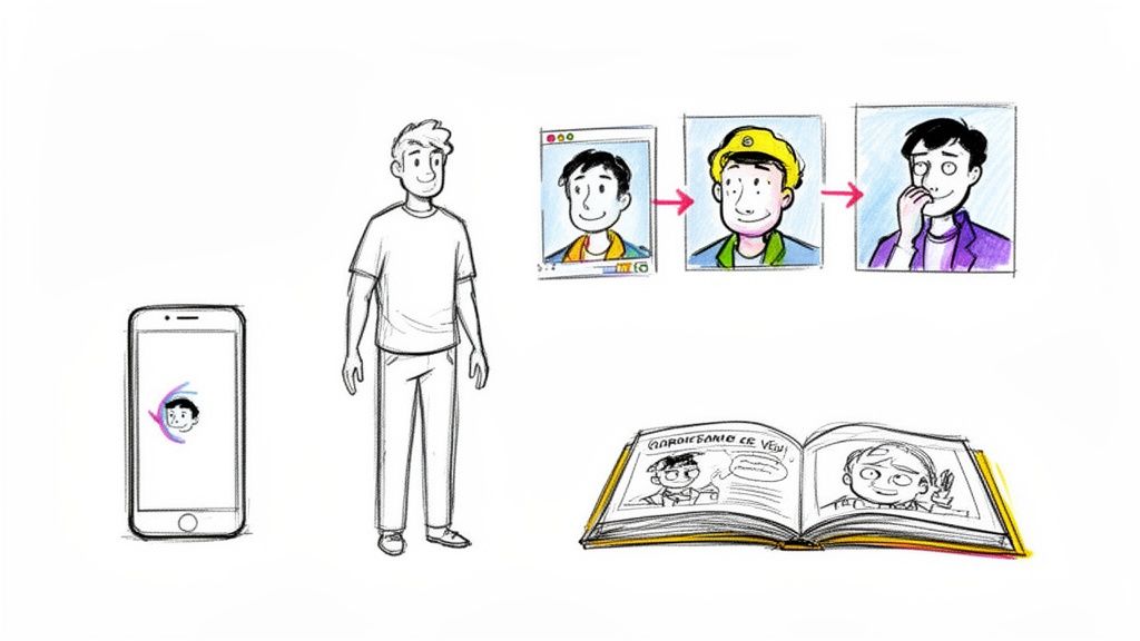 Illustration of a man, smartphone, and a sequence showing character transformation into various personas, ending in a comic book.