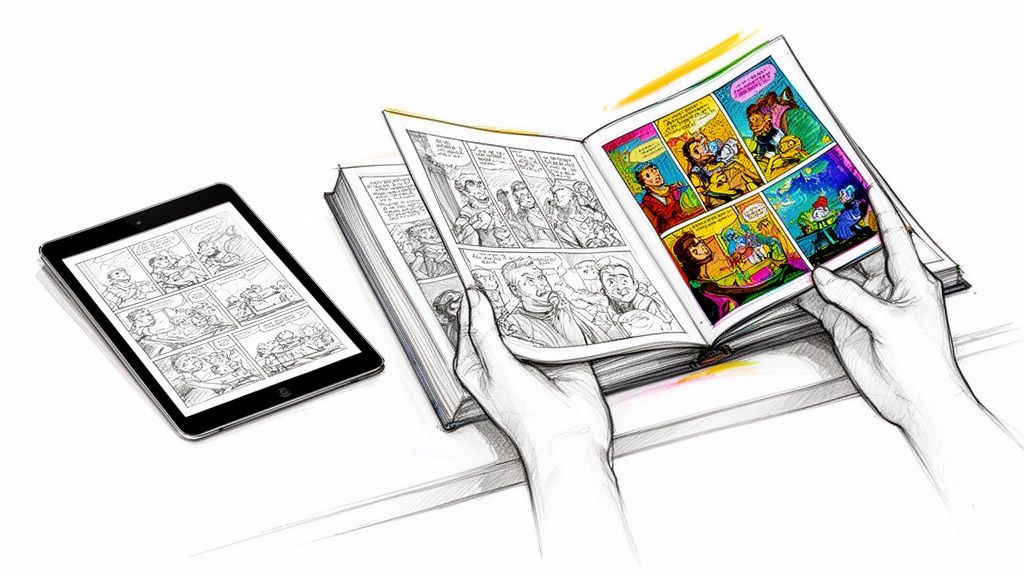 Illustration of hands holding a colorful comic book, next to a tablet displaying a black and white comic.