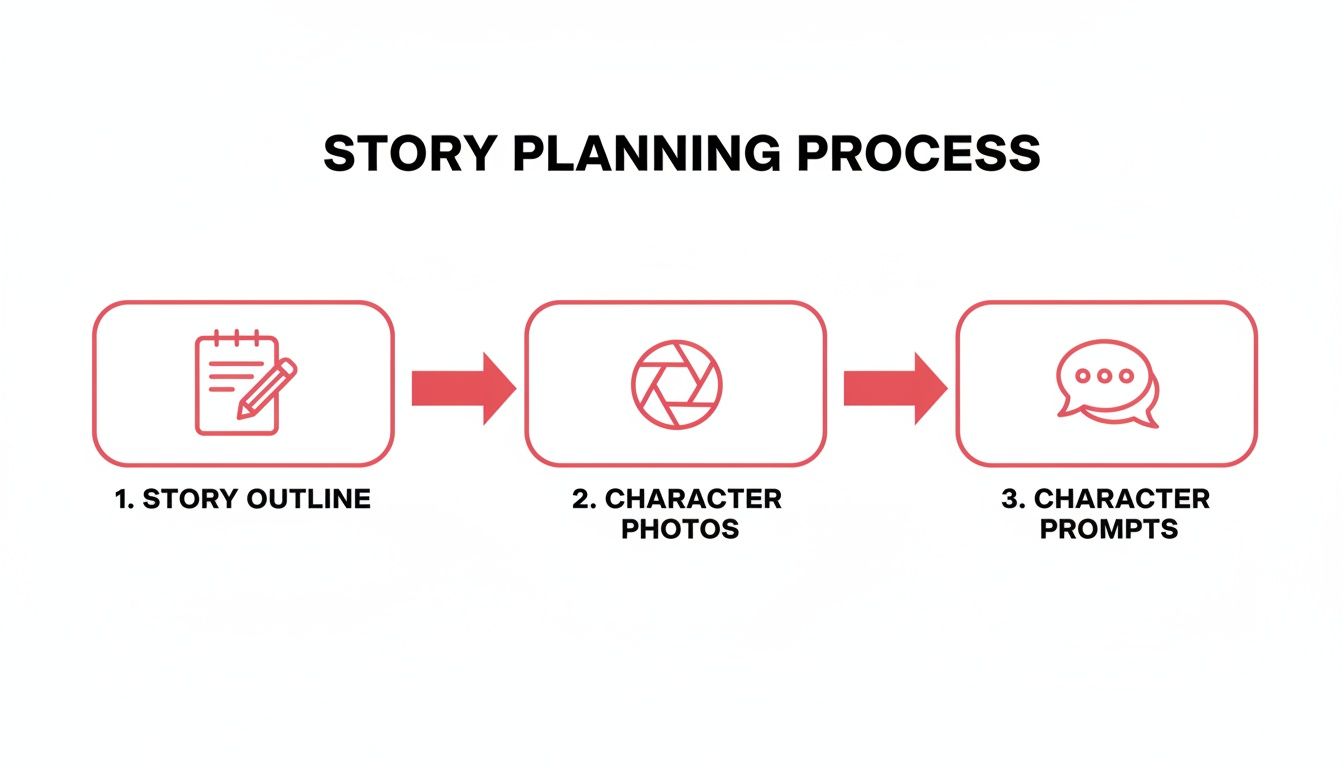 A flowchart detailing a story planning process with three steps: story outline, character photos, and character prompts.