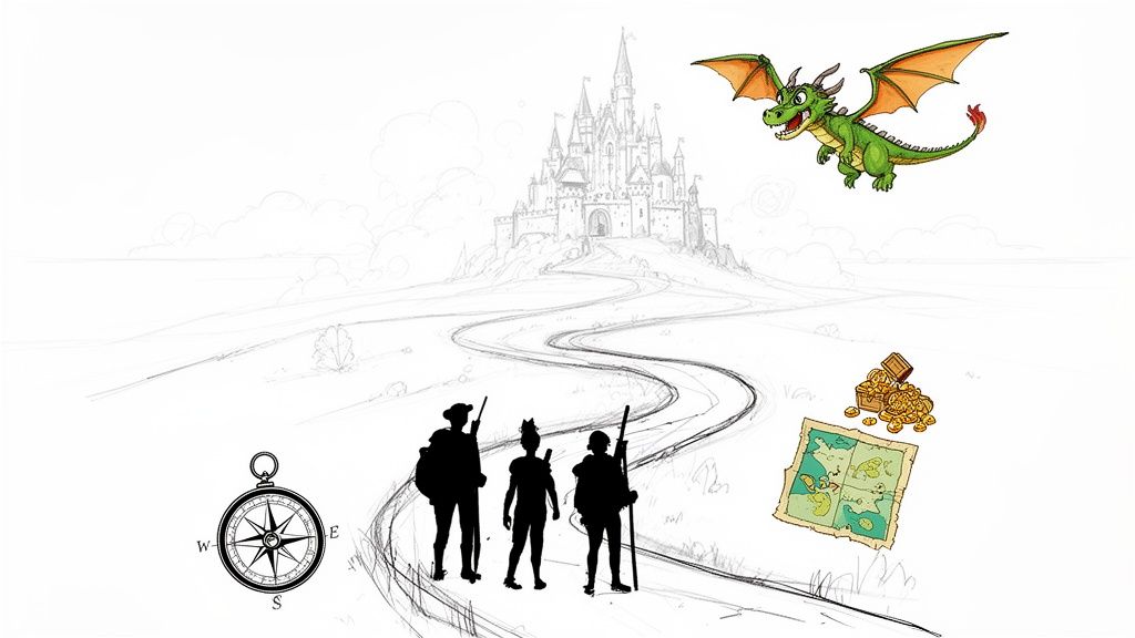 Illustration of adventurers embarking on a journey to a castle, with a dragon, map, and treasure.