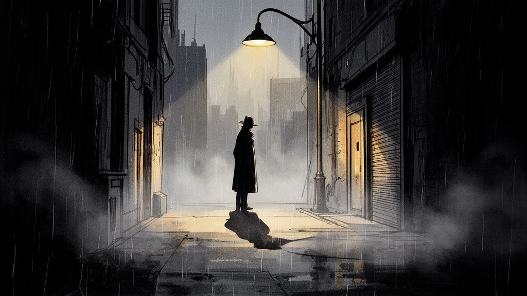 A lone figure in a fedora and trench coat stands under a streetlamp in a rainy city alley.
