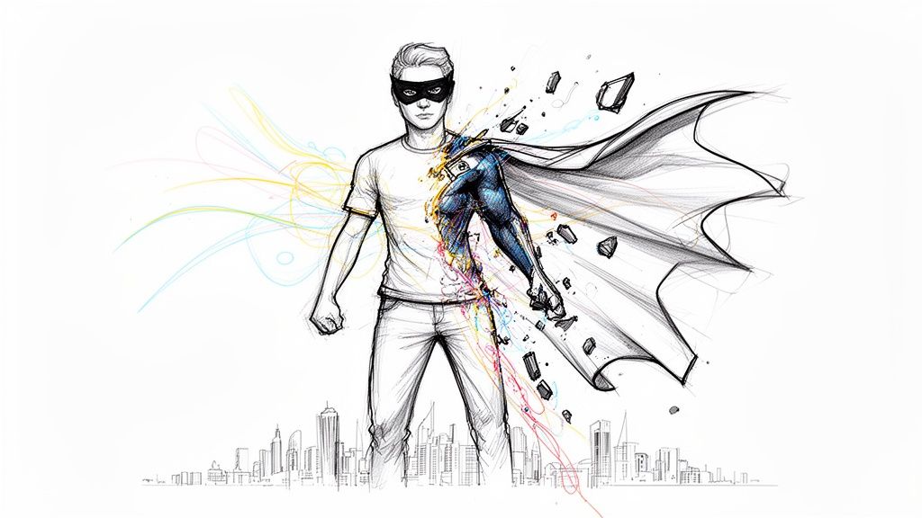 Sketch of a person transforming from a civilian into a superhero with a cape over a city.