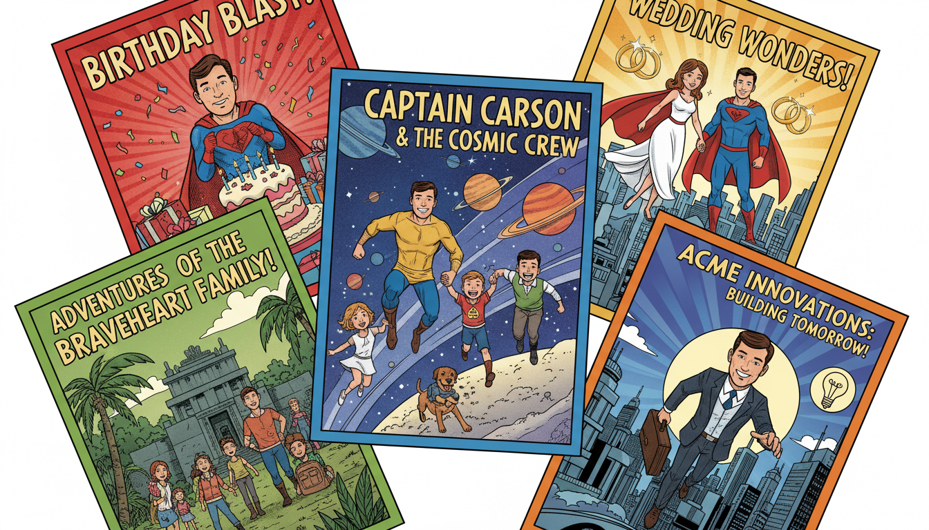 Collection of personalized comic book covers for birthdays, weddings, family adventures, and business themes
