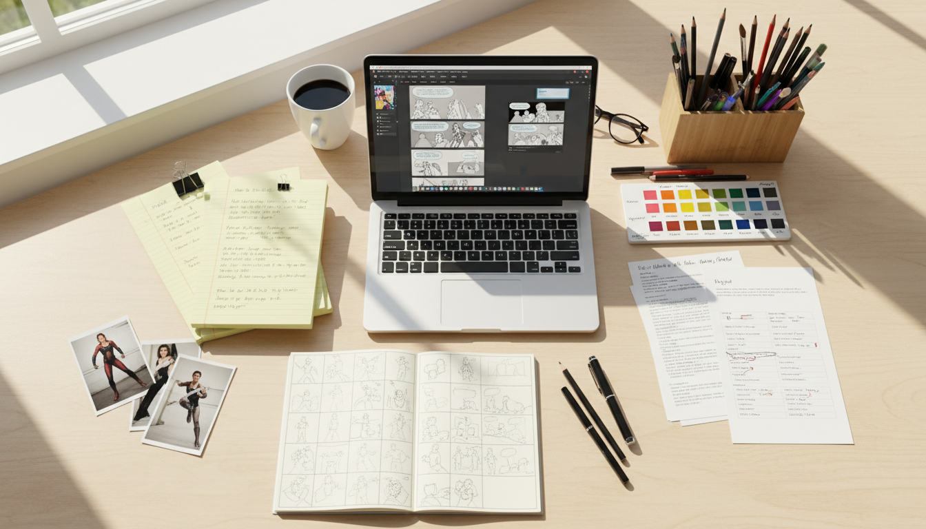 Comic book planning workflow with story notes, character photos, storyboards, color swatches, and laptop