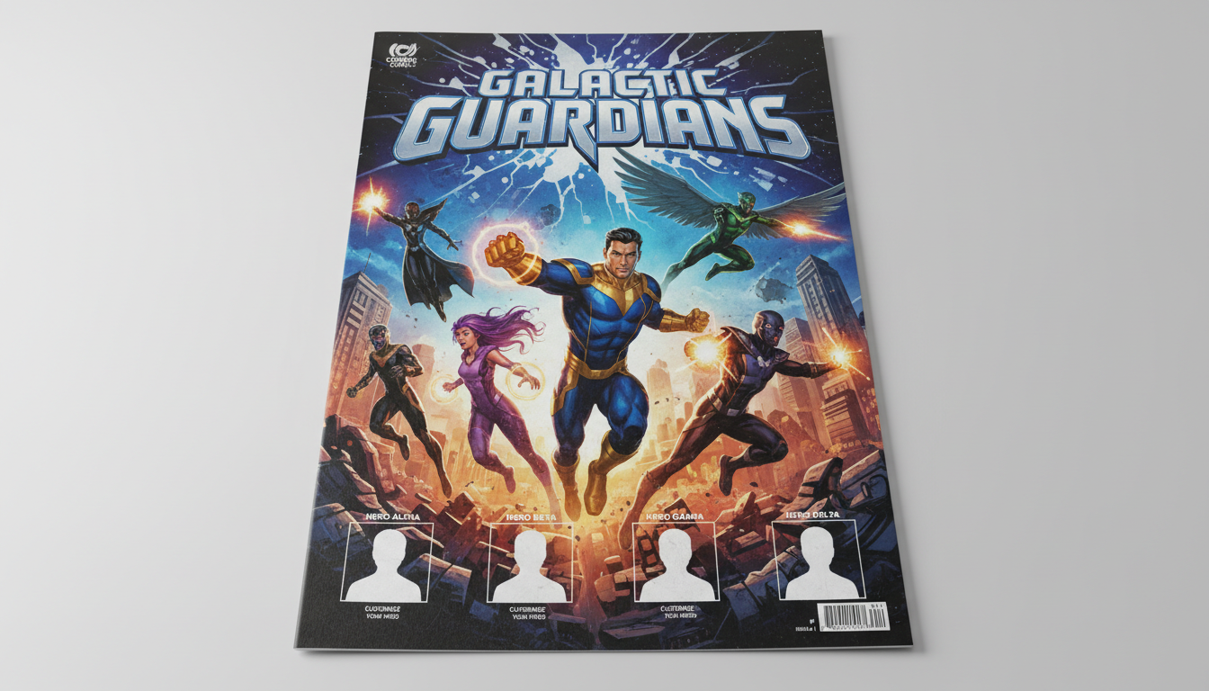 Dynamic comic book cover design with title lettering, dramatic composition, and customizable character art