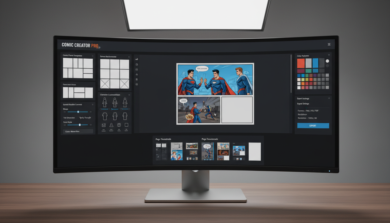 Comic creation dashboard showing panel templates, character controls, and export settings