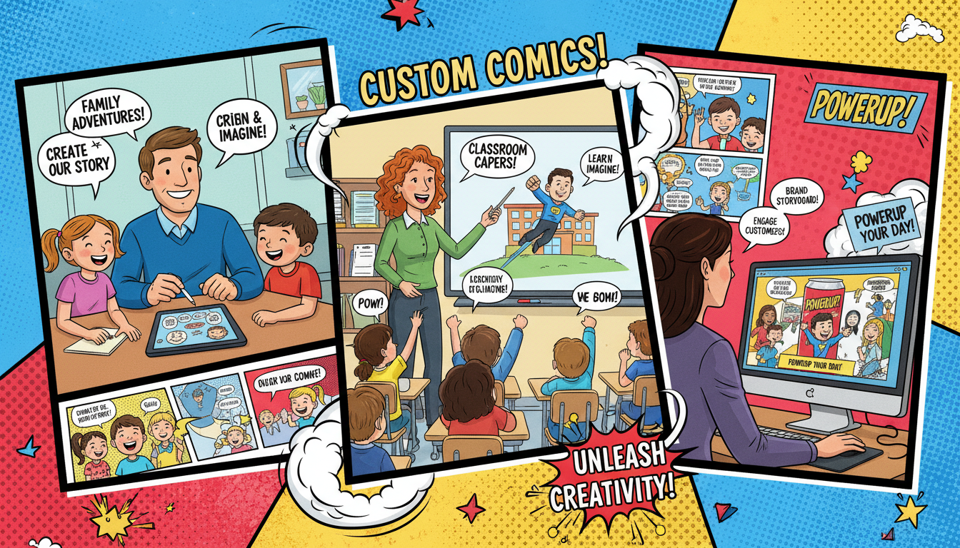 Different use cases for a custom comic book maker including family, education, and marketing