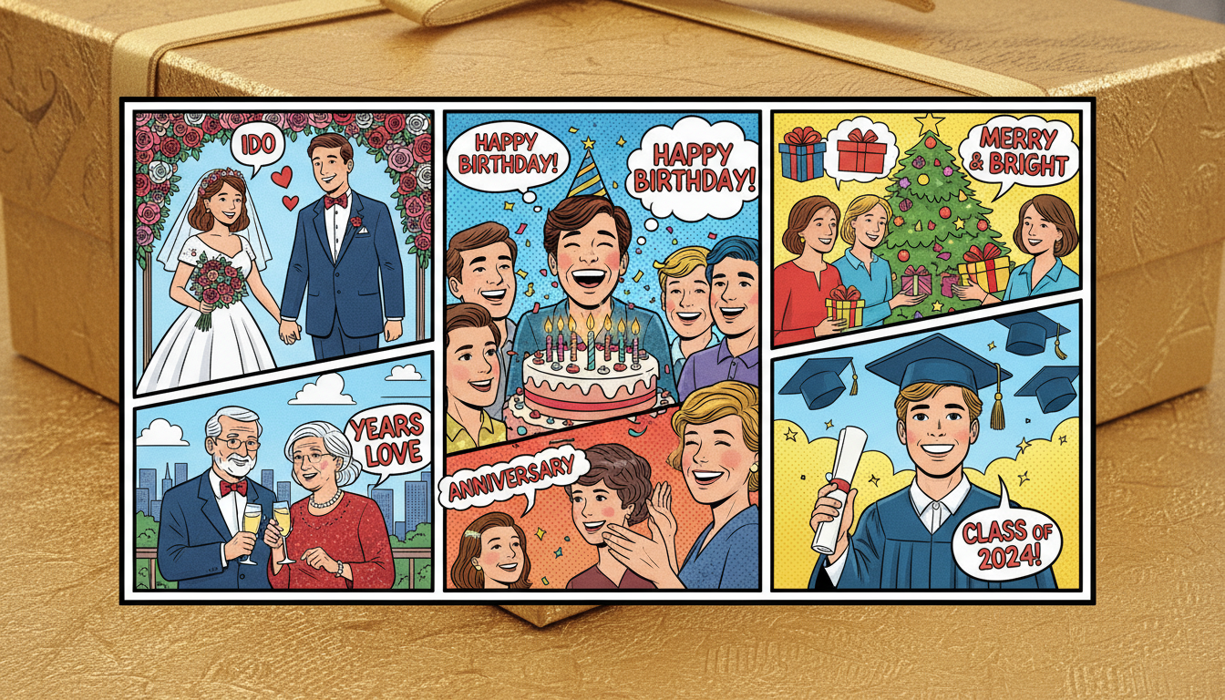 A collage of life milestones including birthdays, weddings, graduations, anniversaries, and holiday gifting reimagined as comic scenes