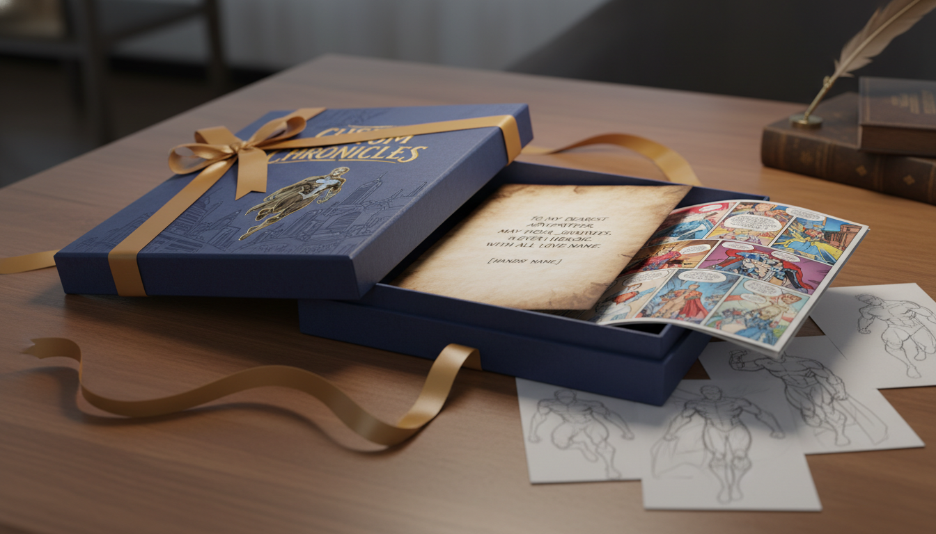 A premium custom comic book gift package with personalized pages, gift box, and detailed printed comic presentation