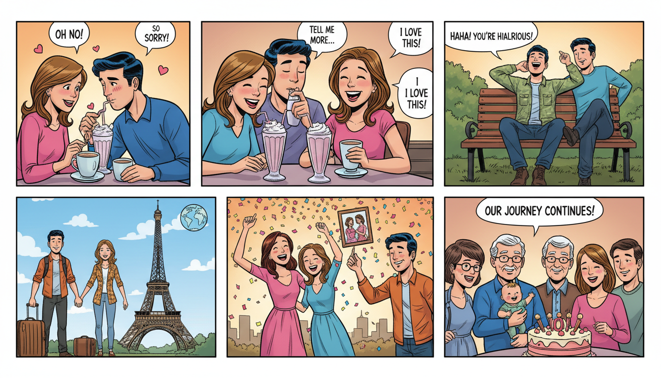 Romantic comic-style collage showing a couple’s relationship milestones across colorful panels