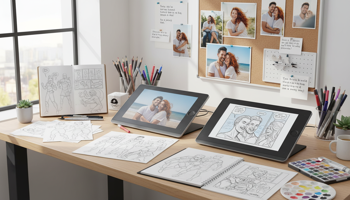 Creative workspace with comic drafts, couple photos, sketches, and story planning materials