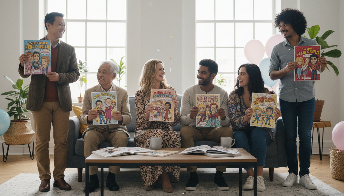 Diverse couples holding personalized comic books and smiling together in a bright celebratory setting
