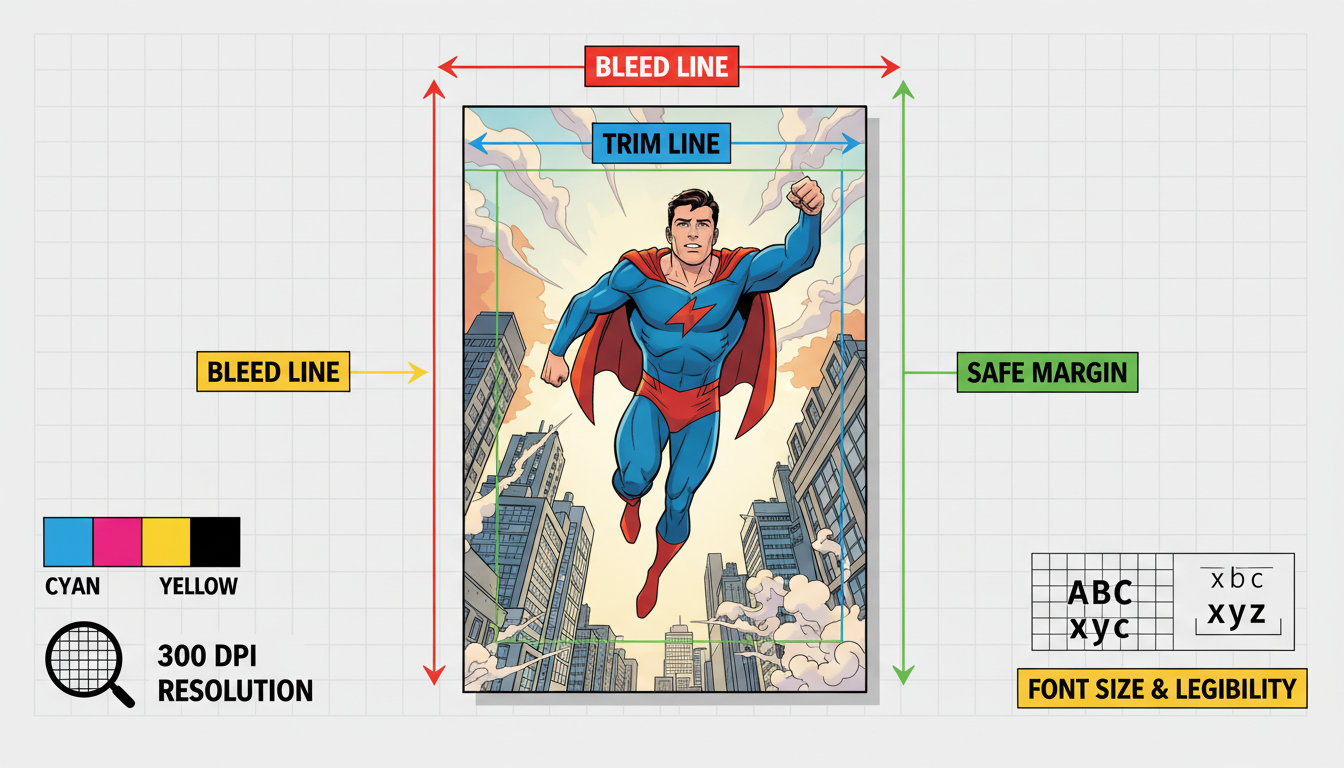 Comic book print preparation guide showing bleed lines trim lines safe zones CMYK color and 300 DPI notes