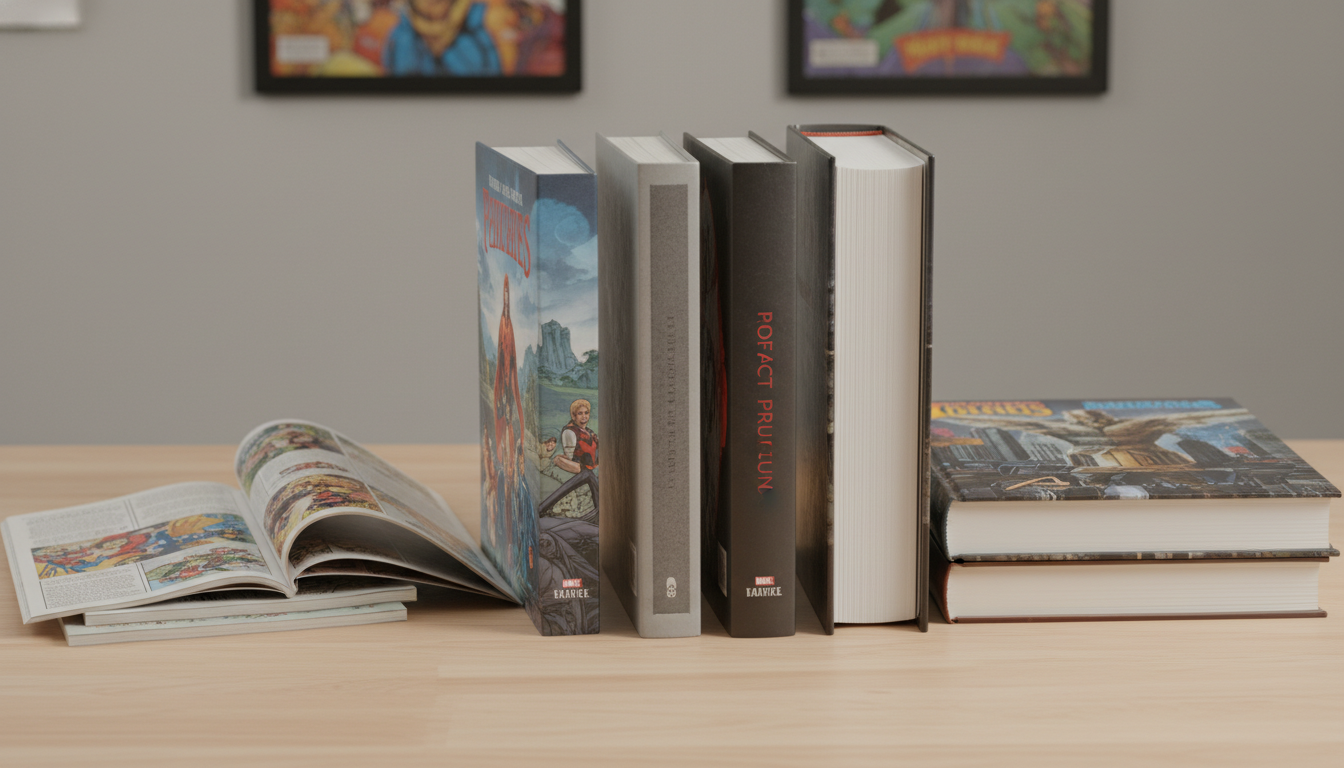 Comparison of saddle-stitched comics perfect bound graphic novels and hardcover comic editions on a tabletop