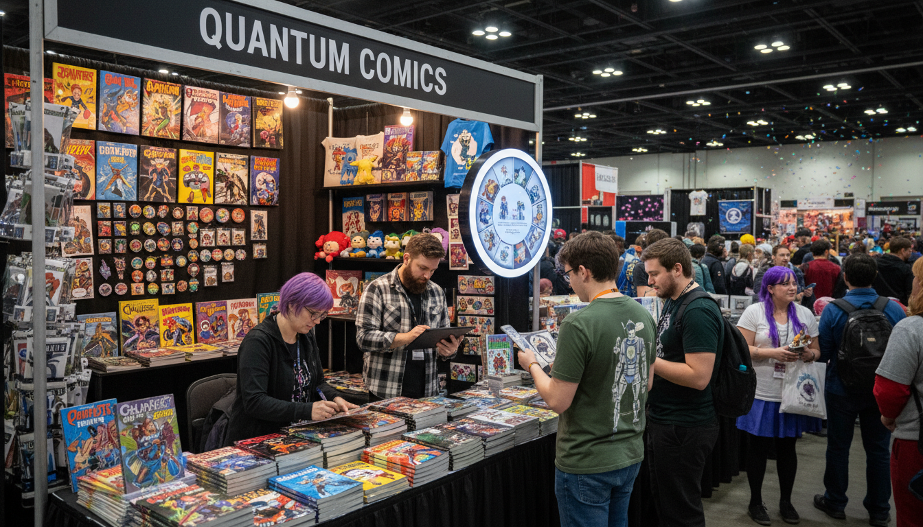 Indie creators selling custom printed comic books at a convention booth with colorful displays and browsing readers