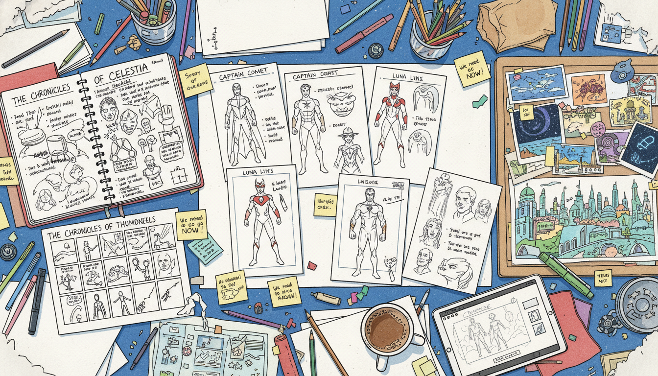 Comic planning desk with character sheets, story outline, and panel thumbnails