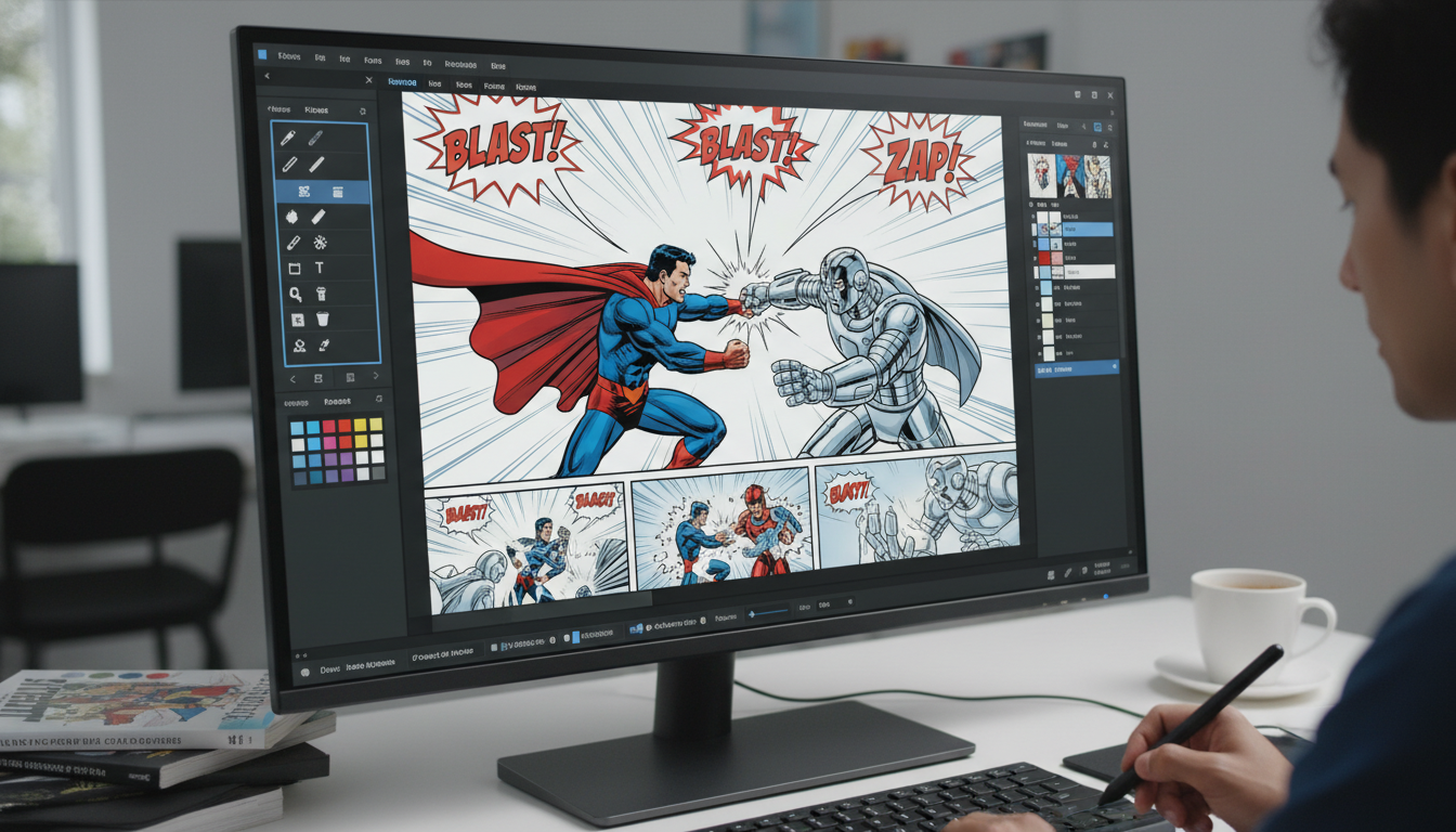Digital comic page design with panel grid, speech bubbles, and color tools