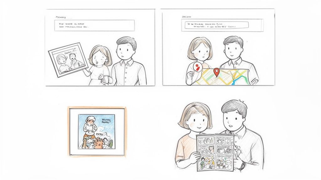 A couple interacts with a framed photo, a map, a framed cartoon, and a comic book.