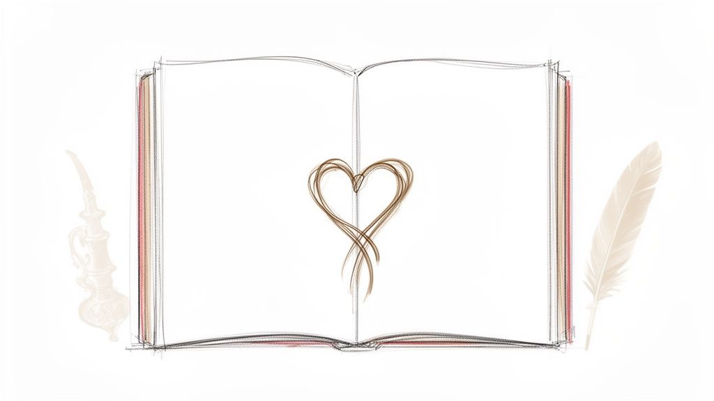 A minimalist sketch of an open book with a heart, inkwell, and feather quill.