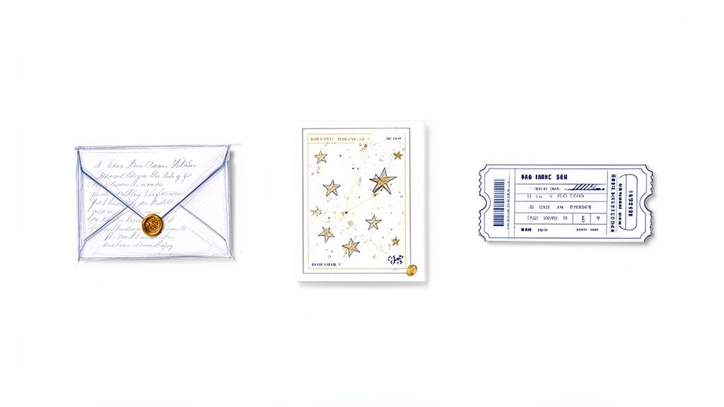 Three paper gift ideas: a sealed letter, a starry constellation chart, and a vintage event ticket.
