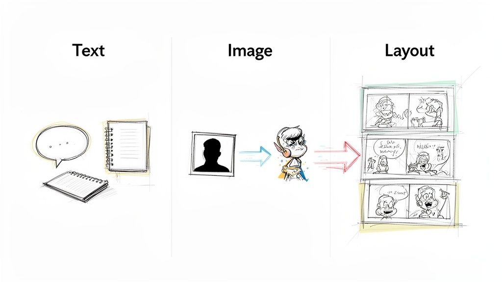 A diagram illustrating the process of comic creation, from text and image concepts to a panel layout.