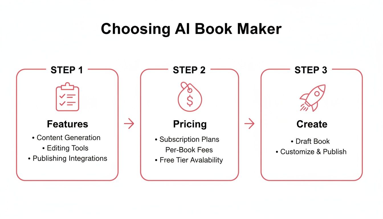 A three-step guide outlining how to choose an AI book maker, covering features, pricing, and creation.