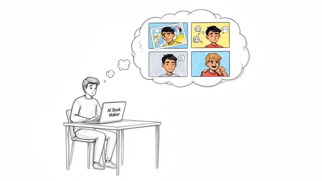 A person uses an 'AI Book Maker' on a laptop, imagining illustrated story panels.