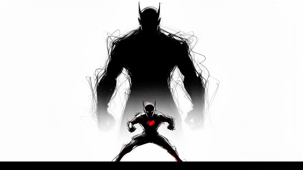 A shadowy, powerful Batman stands behind a dynamic Batman Beyond, symbolizing generations.
