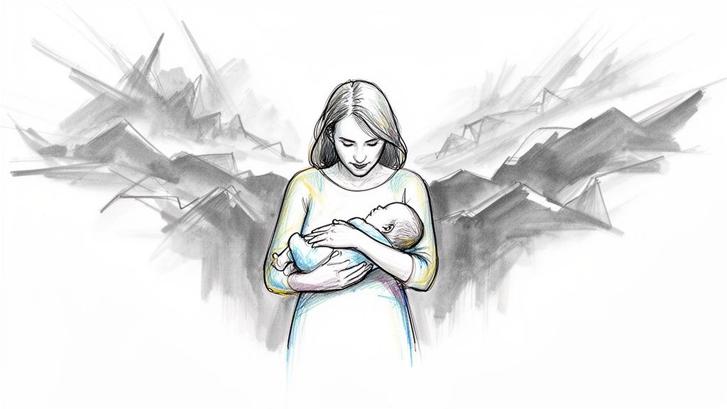 A serene mother gently cradling her baby against a backdrop of dramatic, abstract mountains.