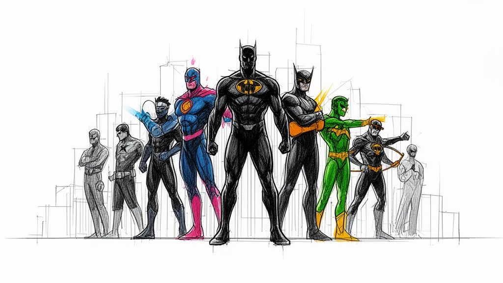 A diverse group of superheroes, including Batman-like figures, standing in front of a sketched city skyline.