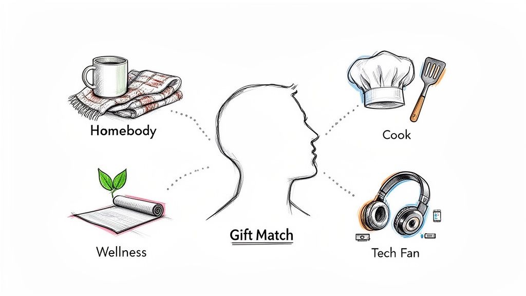 Illustration of a person's head with 'Gift Match' surrounded by icons for Homebody, Cook, Wellness, and Tech Fan.