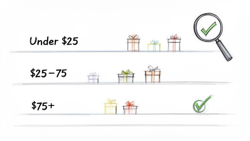 Hand-drawn illustration showing gift price ranges: Under $25, $25-75, and $75+ with gift boxes and checkmarks.