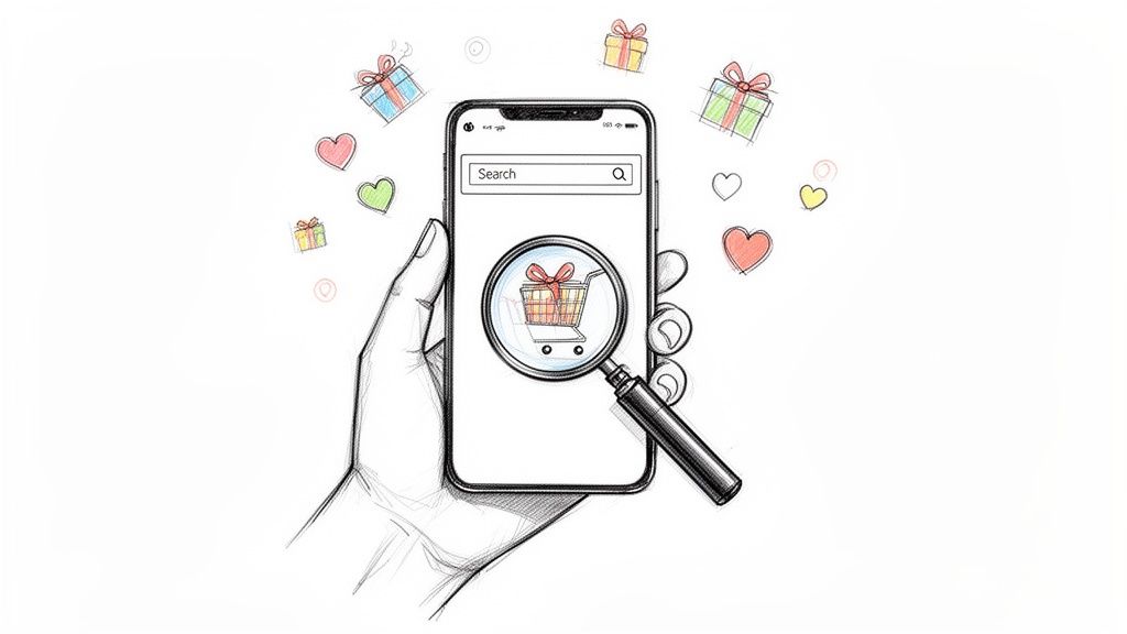 Hand holding smartphone searching for online gifts, magnified view of a shopping cart with a present, surrounded by hearts.