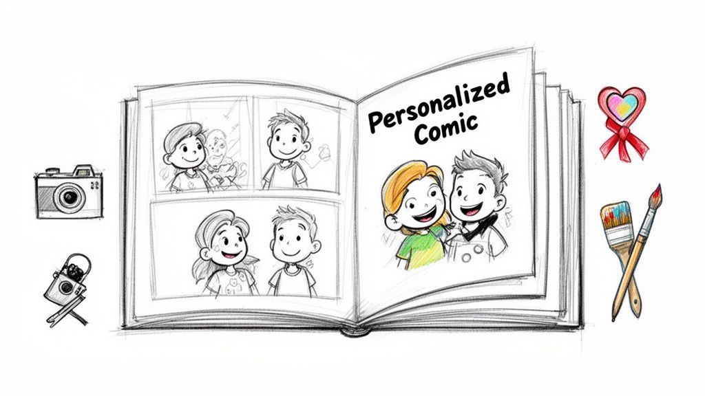 A sketch of an open personalized comic book with cartoon children, surrounded by art supplies and a camera.