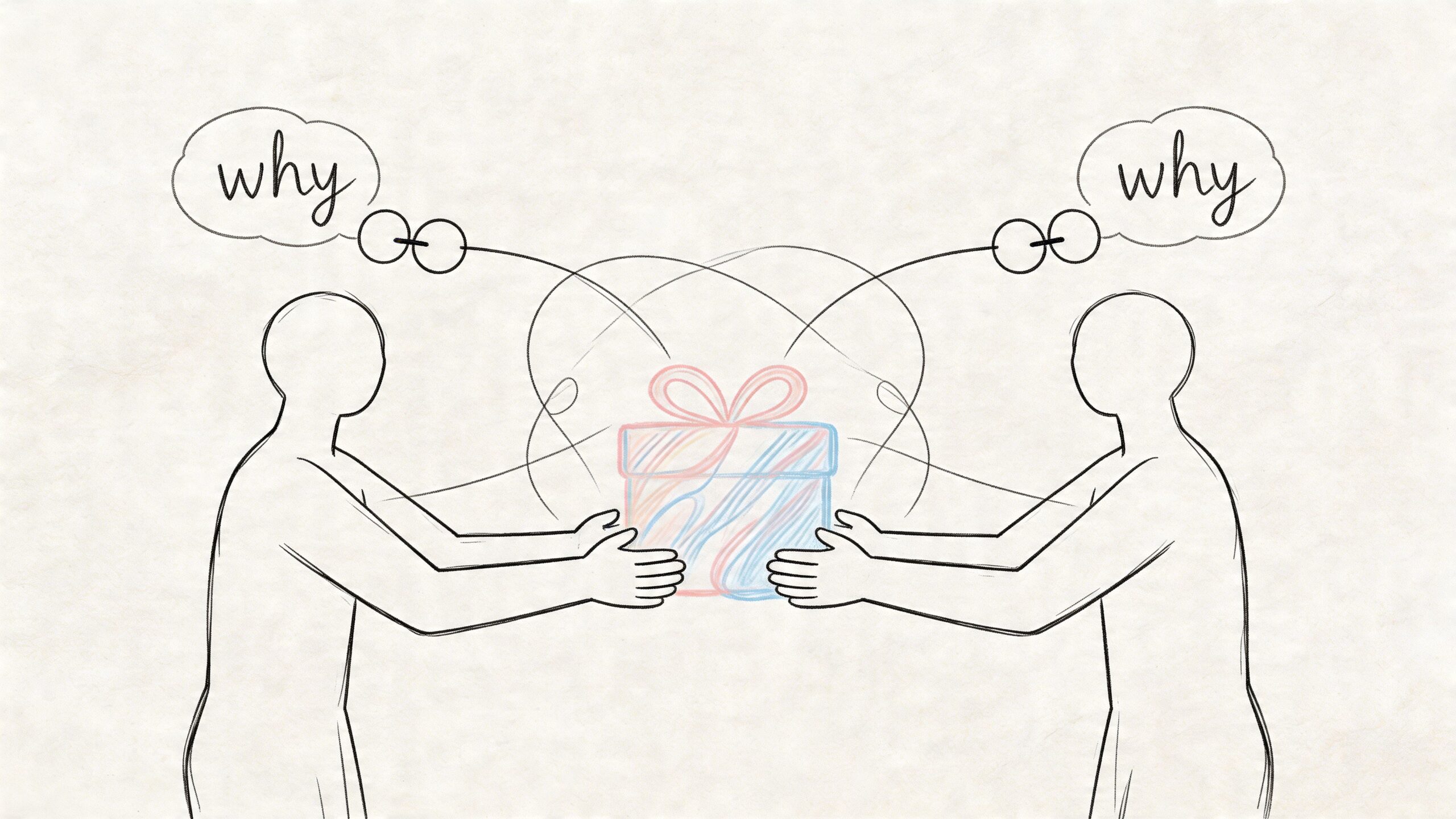 Two abstract human figures holding a wrapped gift box, reflecting on the mystery of giving and receiving.