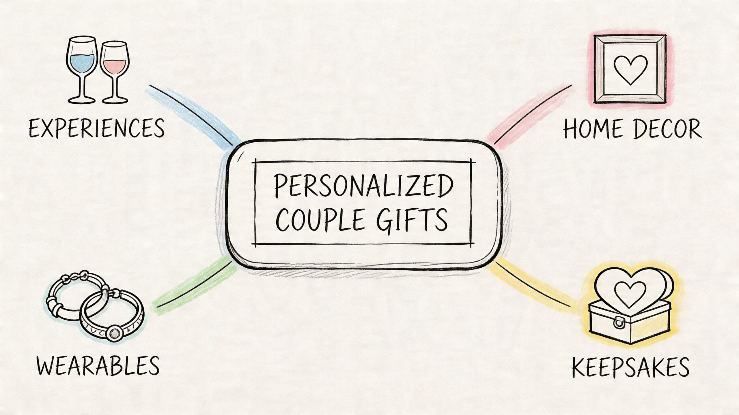 A hand-drawn mind map illustrating categories of personalized couple gifts including experiences, home decor, wearables, and keepsakes.