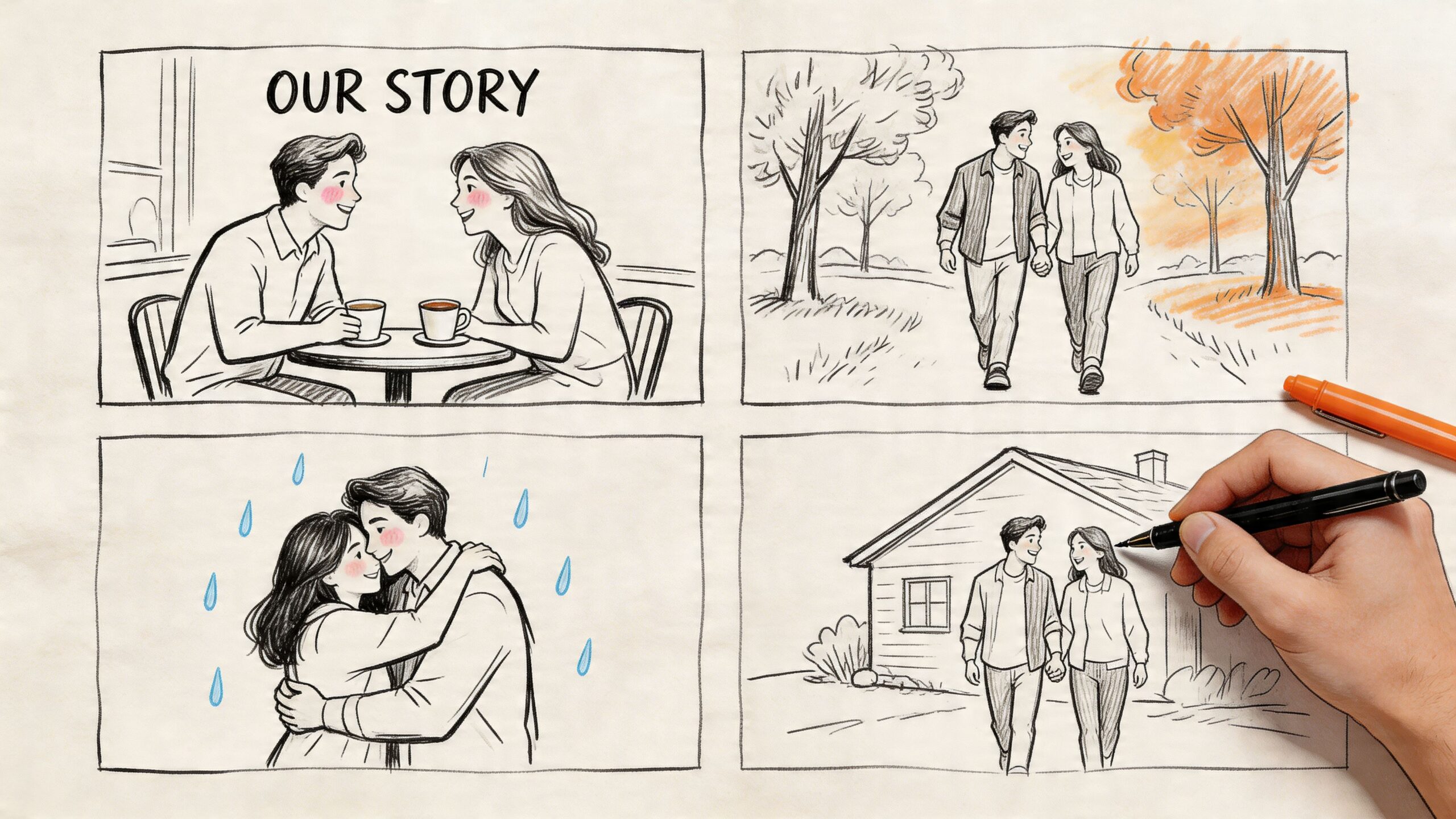 A hand-drawn four-panel storyboard illustrating a romantic journey of a couple, from coffee dates to a new home.