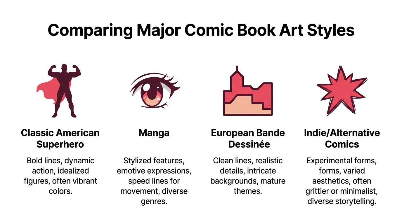 A diagram comparing four different comic book art styles including American Superhero, Manga, European Bande Dessinée, and Indie.