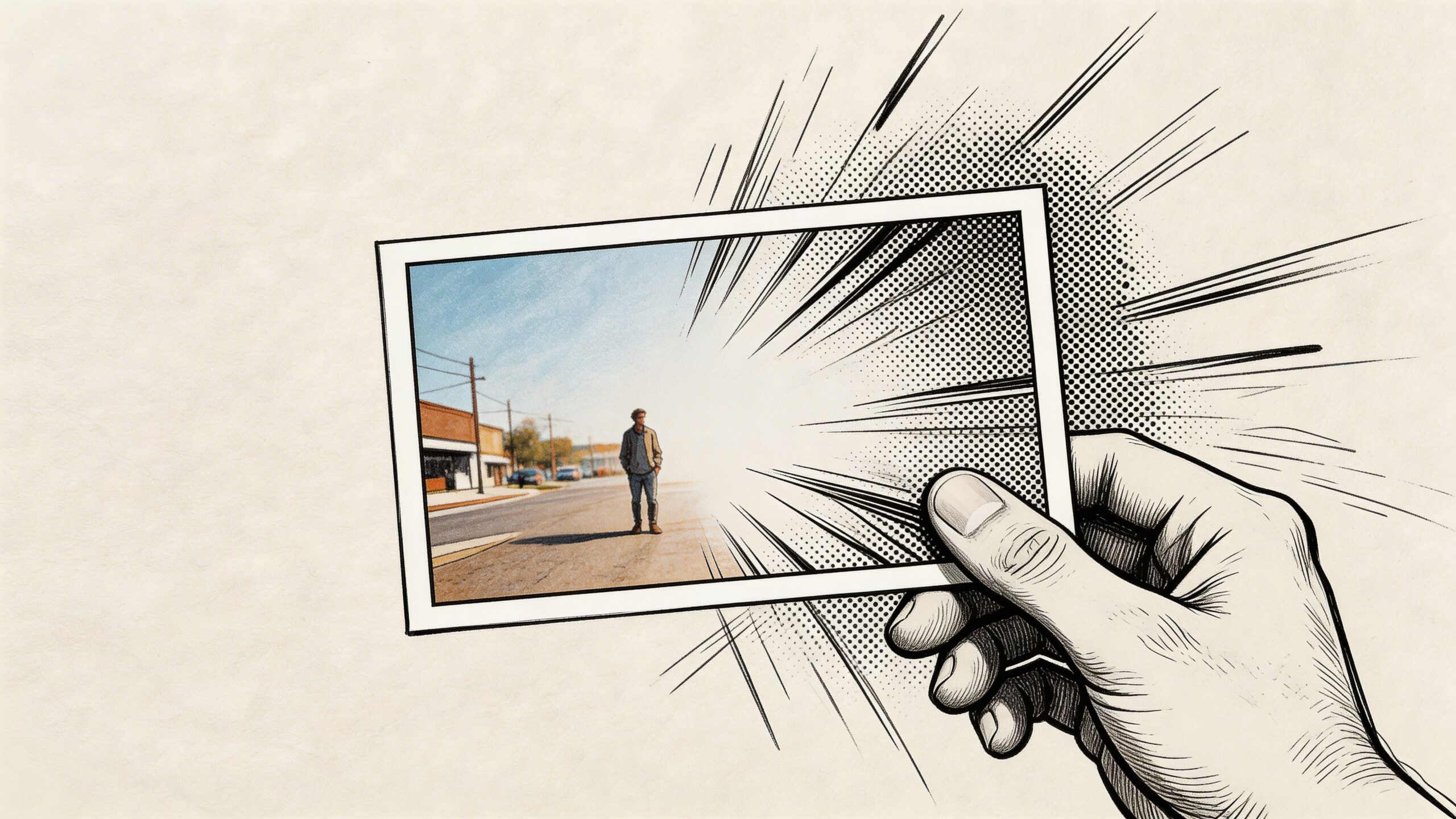 A hand holding a photograph of a person walking on a street, rendered in comic book style.