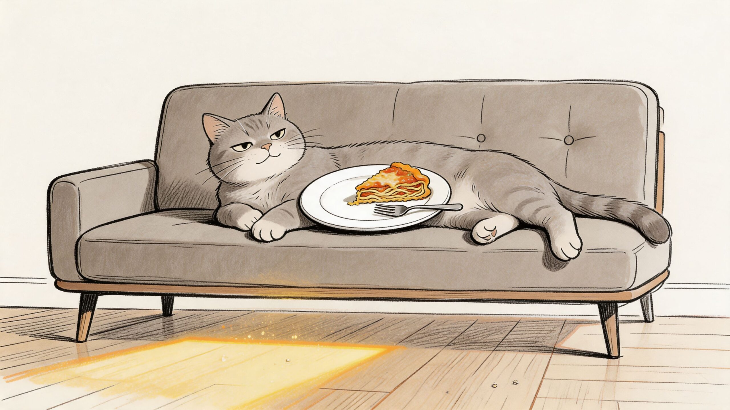 An illustrated Garfield-like cat relaxing on a grey couch with a plate of lasagna and a fork.