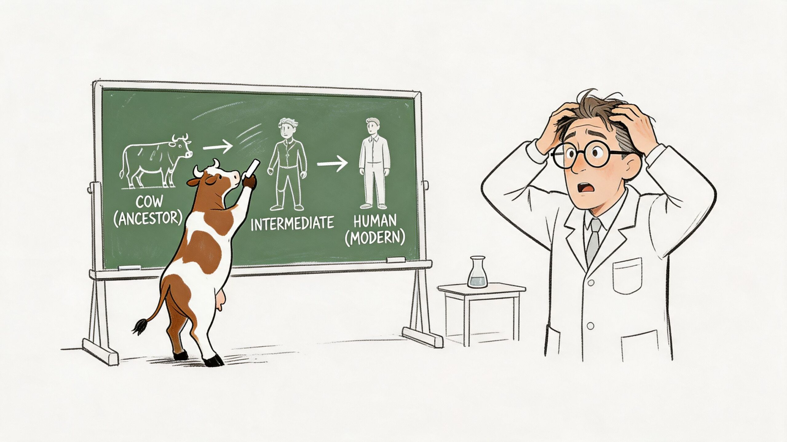 A cartoon showing a cow teaching evolution, illustrating human development on a chalkboard while a scientist watches.