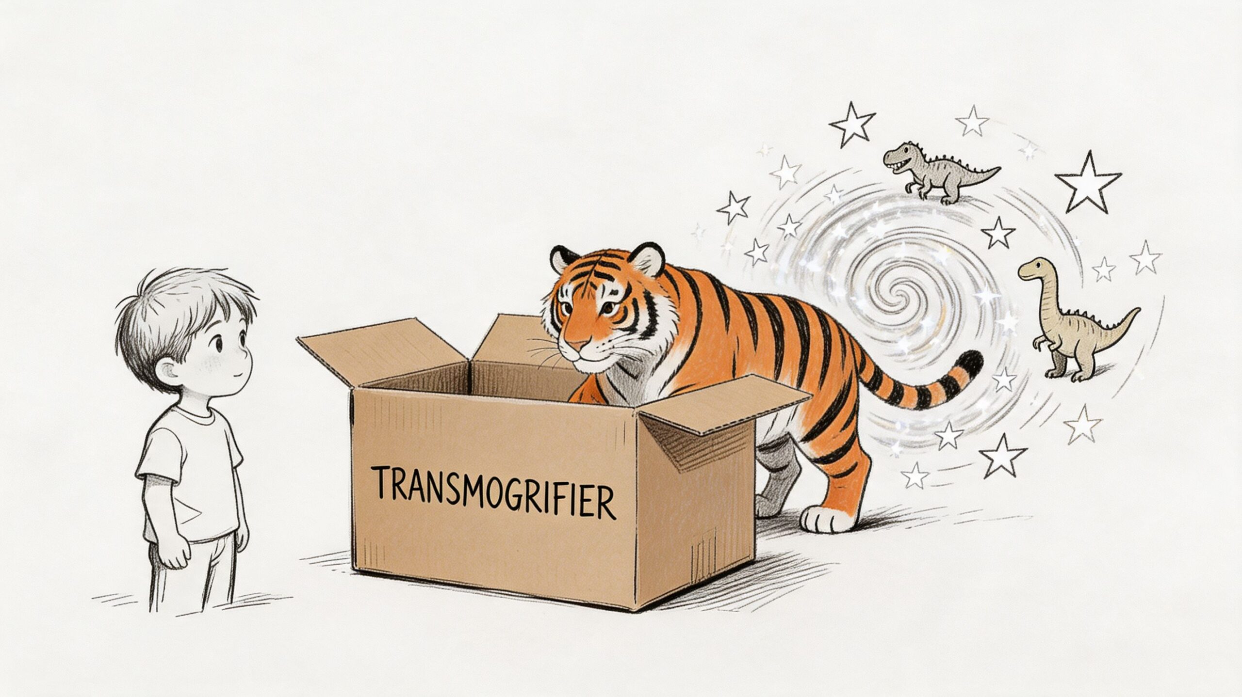 A young boy watches a tiger emerging from a cardboard box labeled Transmogrifier with swirling stars nearby.