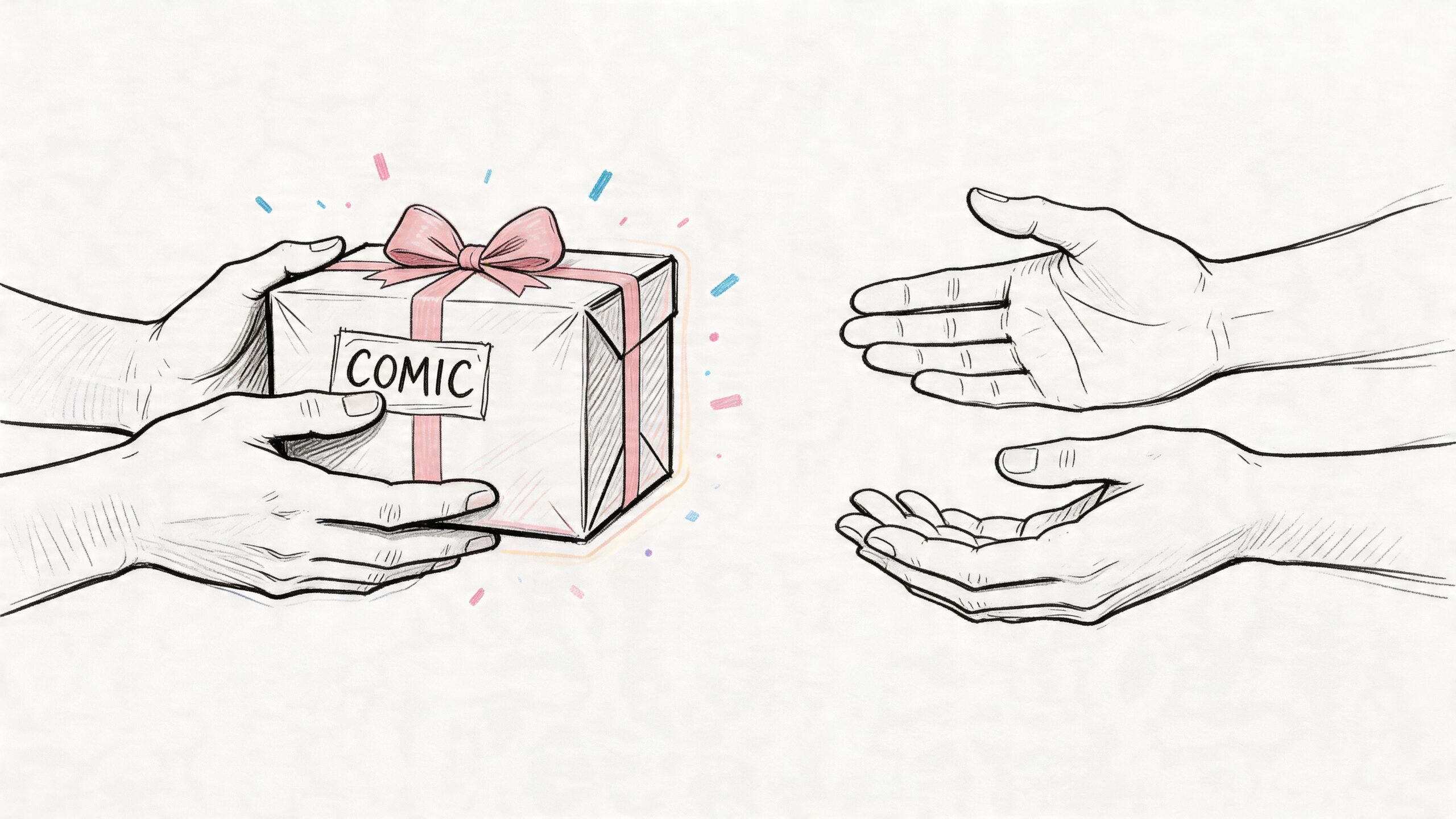 A pair of hands offering a wrapped gift box labeled comic to another set of open hands.