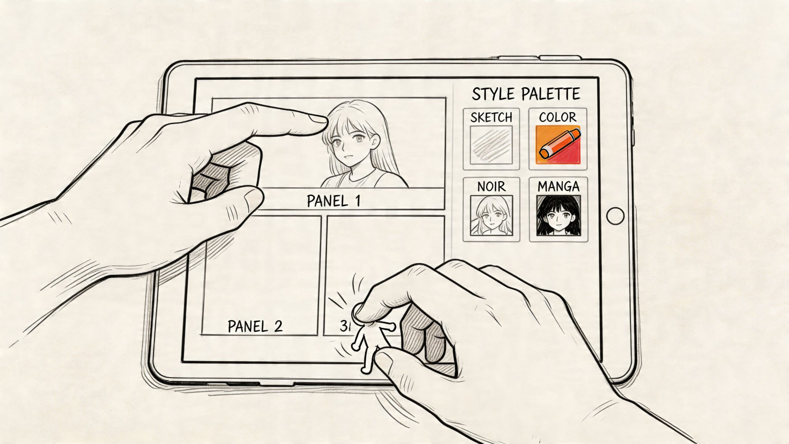 A digital illustration showing a person using a tablet to design comic panels for a personalized gift.