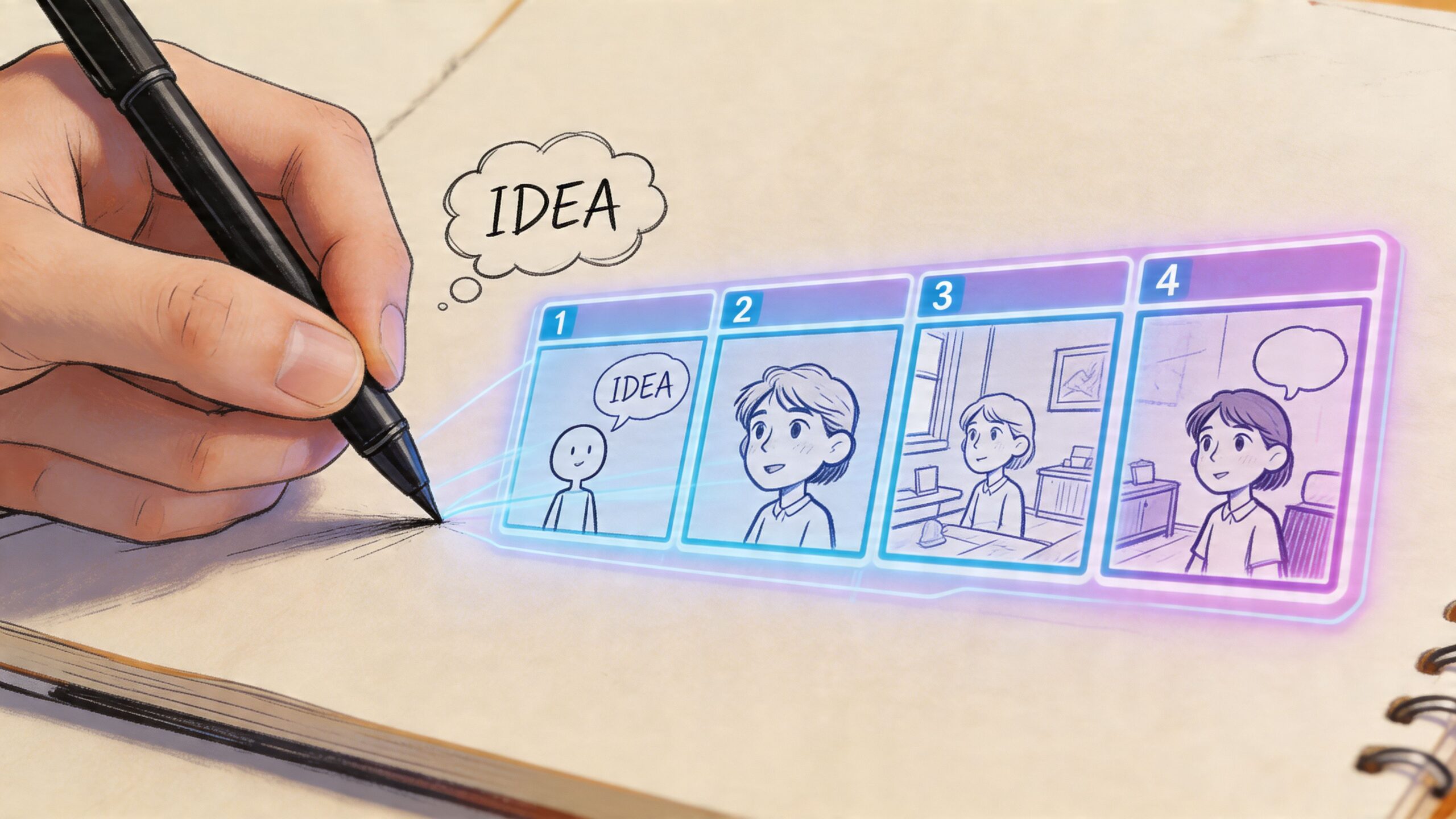 A hand drawing a digital storyboard frame of a character concept on a sketchpad.