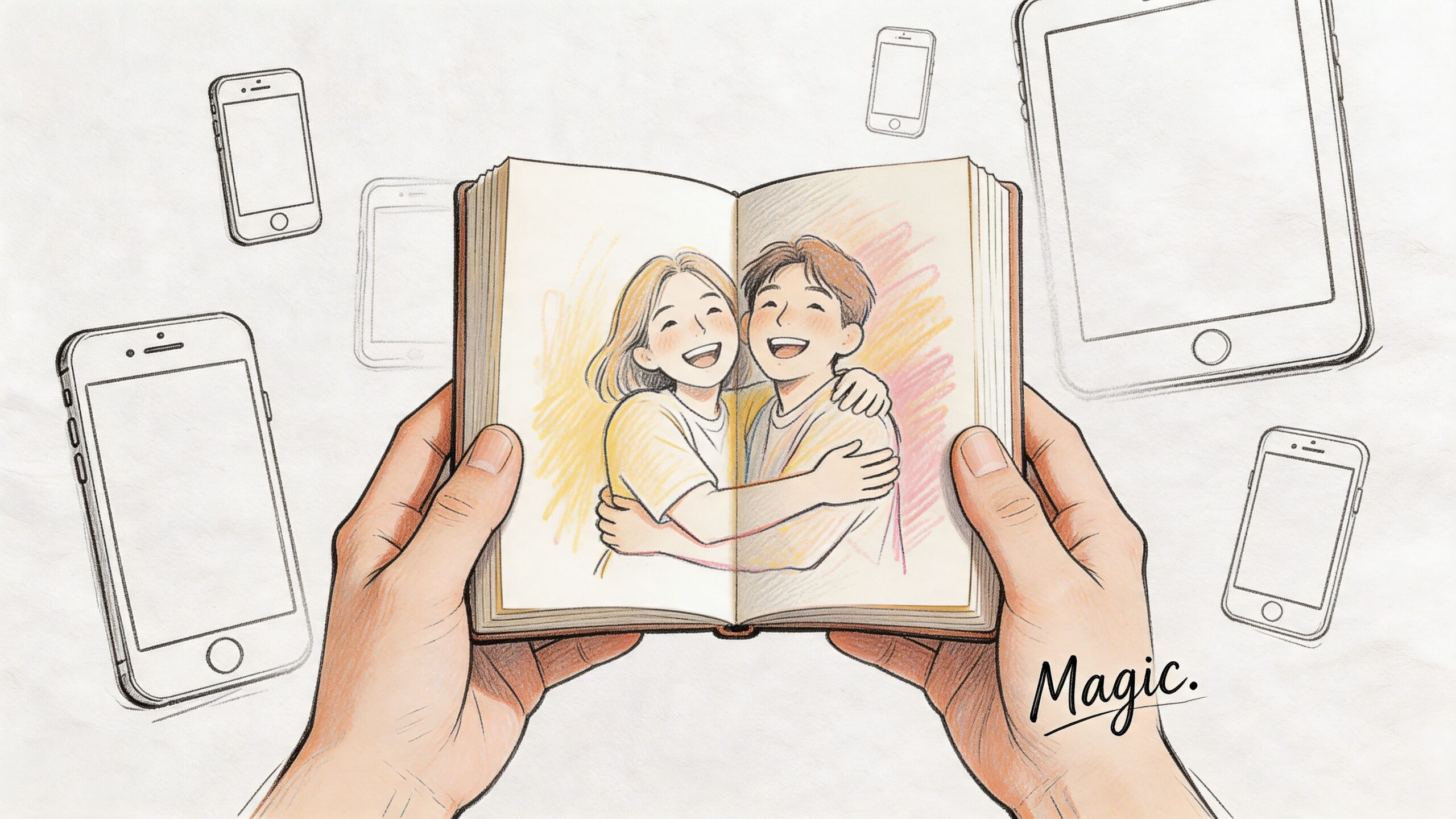 A person holding an open book displaying a hand-drawn illustration of a happy, hugging couple.