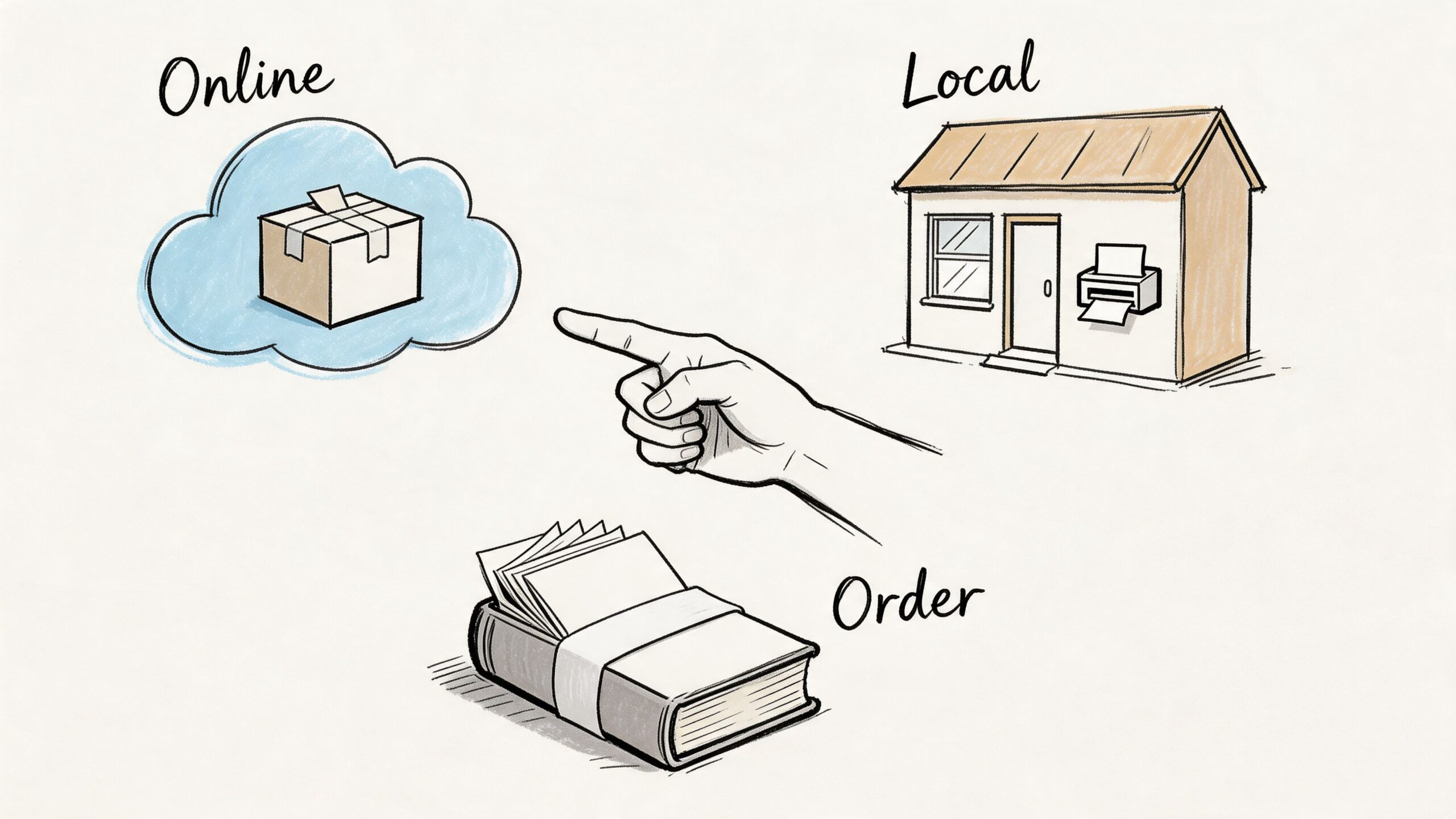 A hand pointing toward an online cloud delivery package with a local shop and flip book order below.