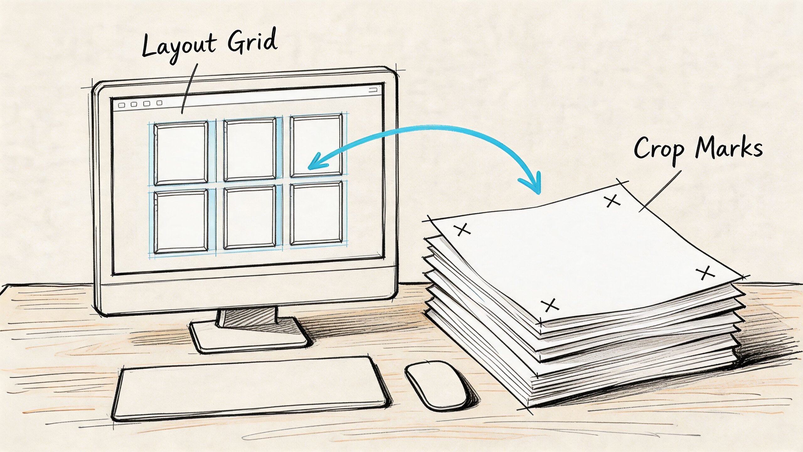 A digital illustration showing a computer displaying a layout grid and a stack of printed papers.