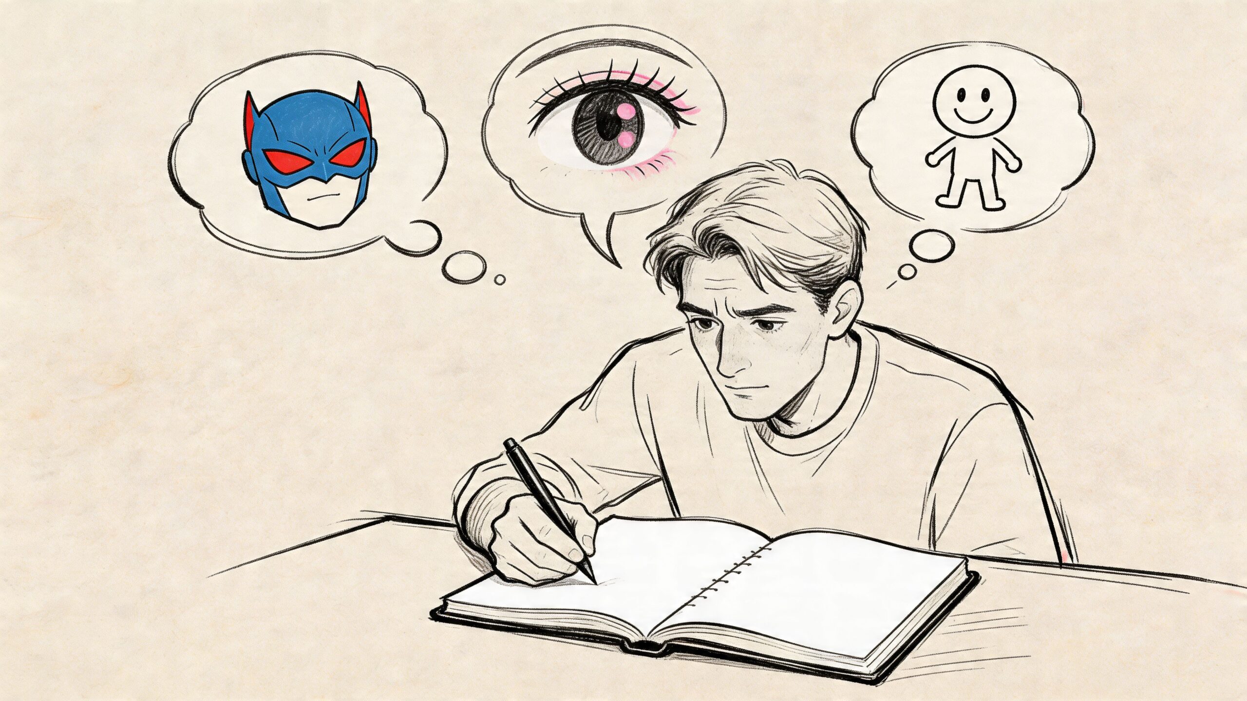 A man sits at a desk, sketching comic art styles of a superhero, an eye, and a figure.