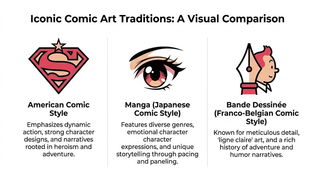 An infographic comparing American, Japanese Manga, and Franco-Belgian Bande Dessinée comic art styles with descriptive text.